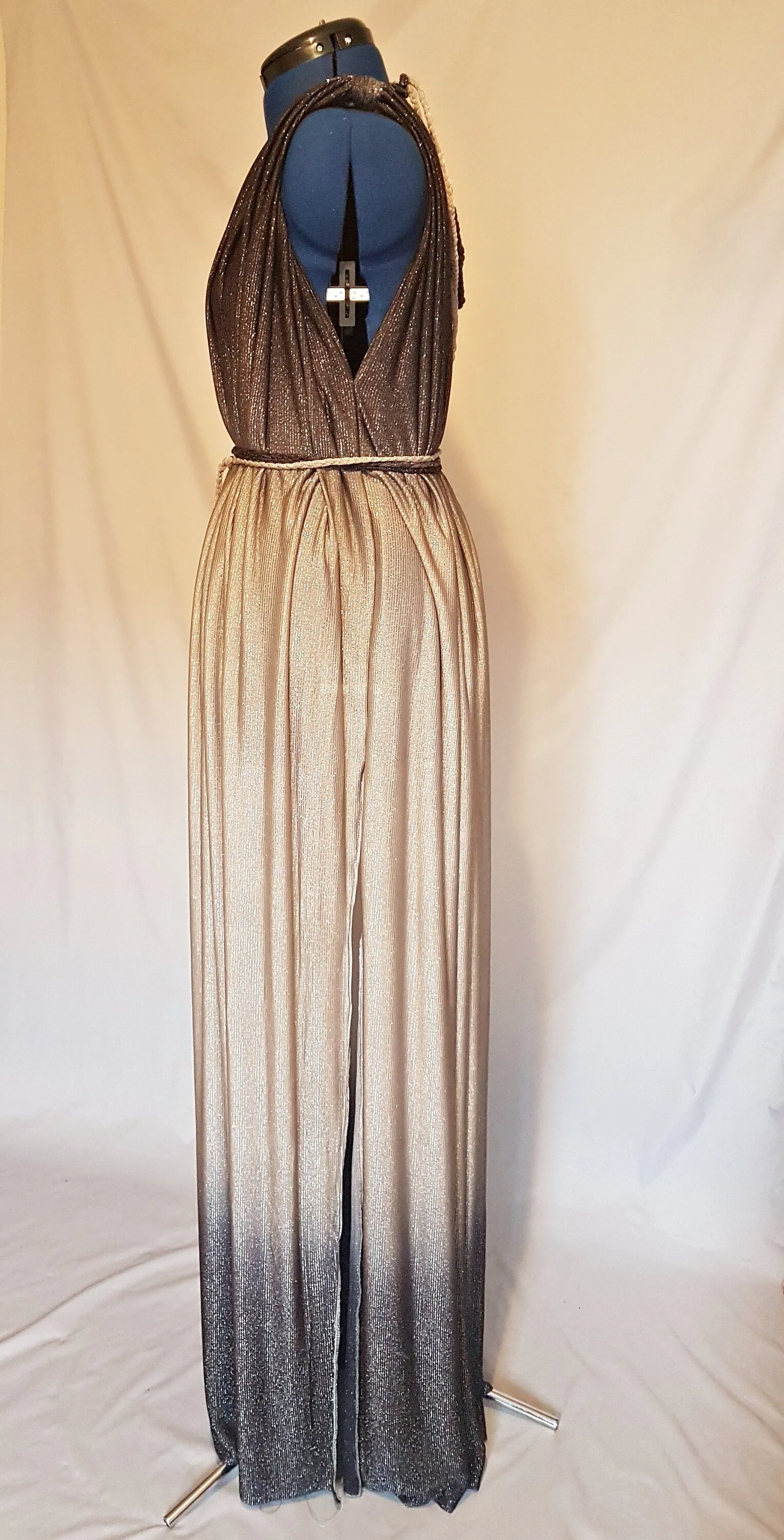 Grey Silver Striped Metallic Grecian Plunge Dress