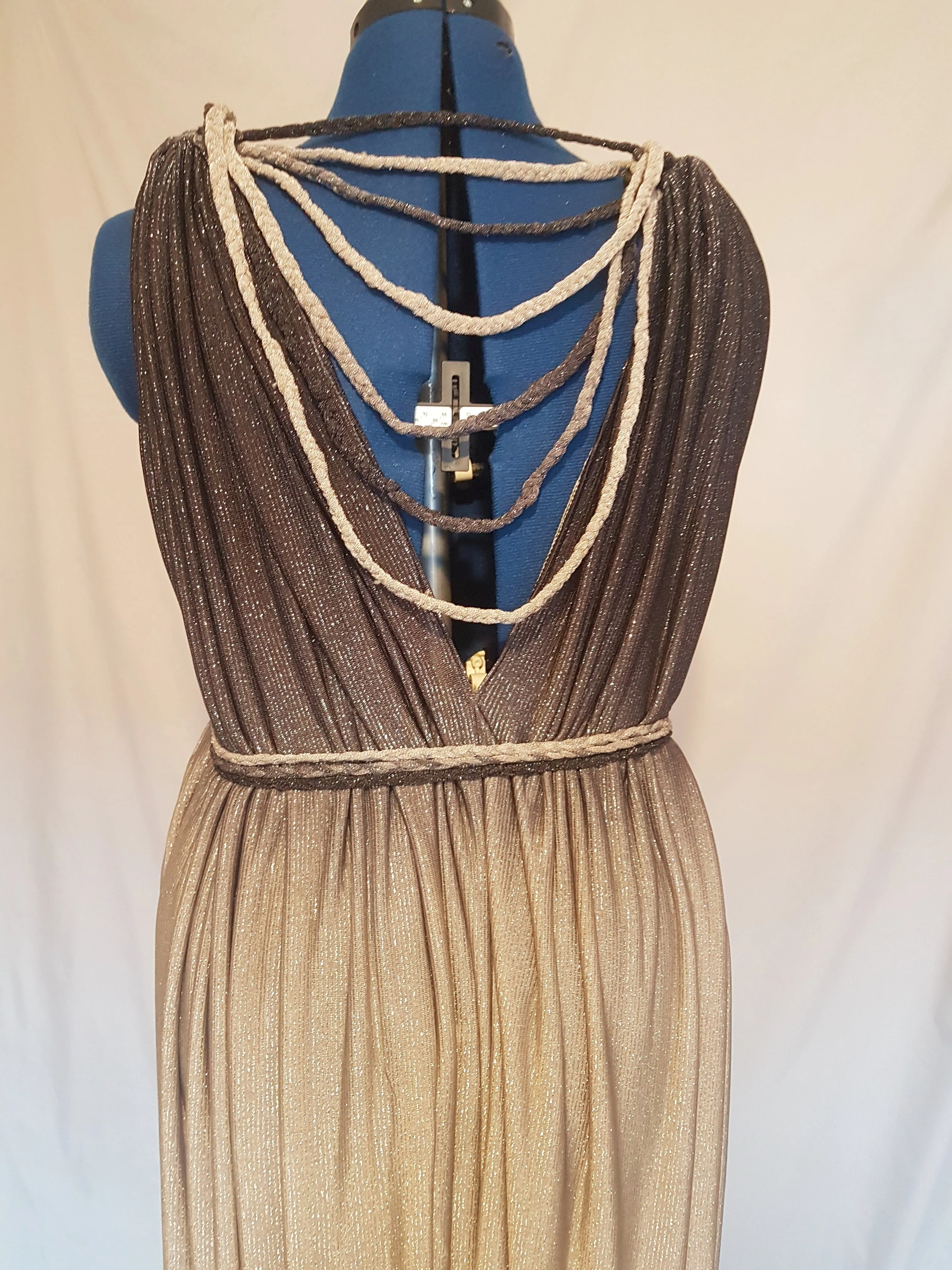 Grey Silver Striped Metallic Grecian Plunge Dress