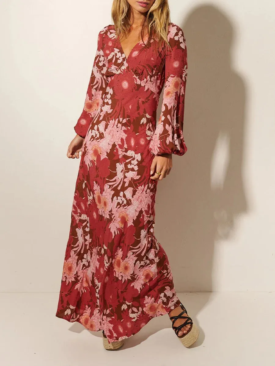 Hacienda Tie Back Maxi Dress - Burgundy & Pink