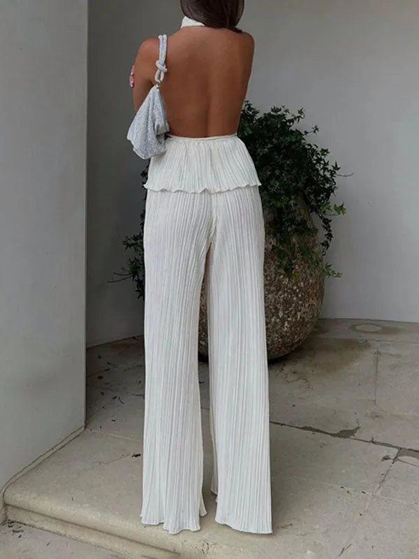 Halter Backless Pleated Wide Leg Pants Set