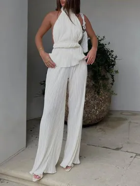 Halter Backless Pleated Wide Leg Pants Set