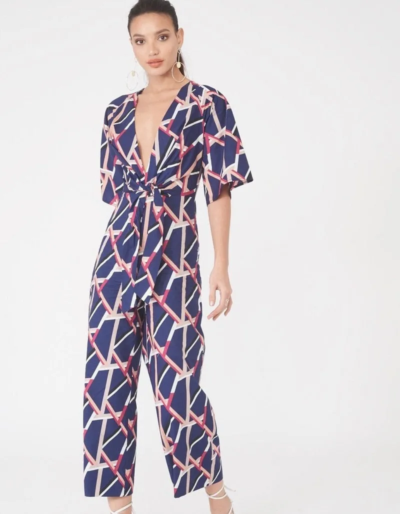 Harlow Abstract Print Tie Front Jumpsuit