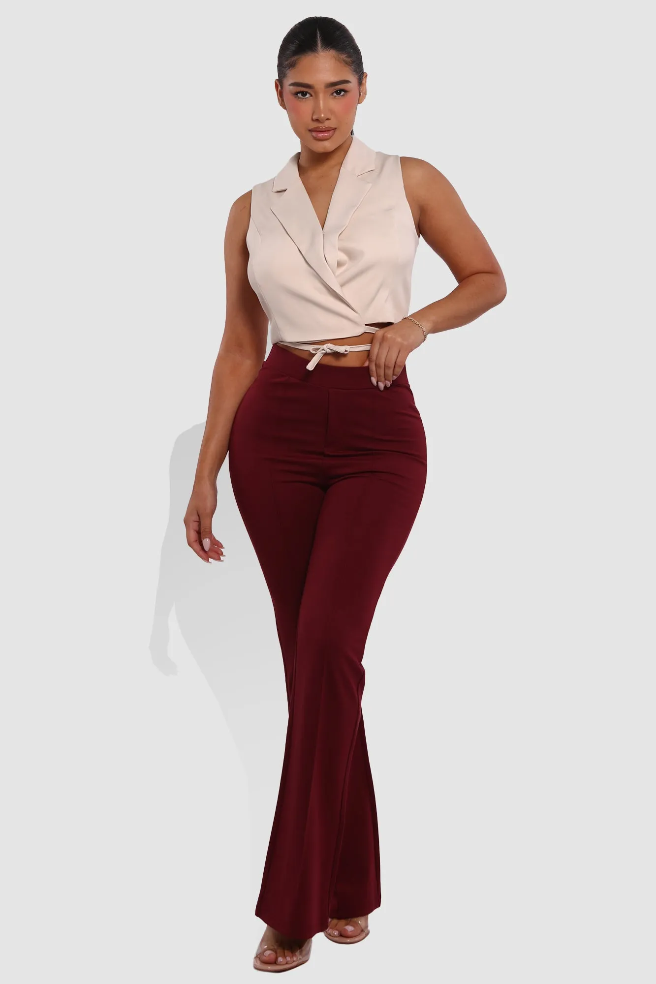 High Classic Waist Front Seam Flare Pants - Cabernet