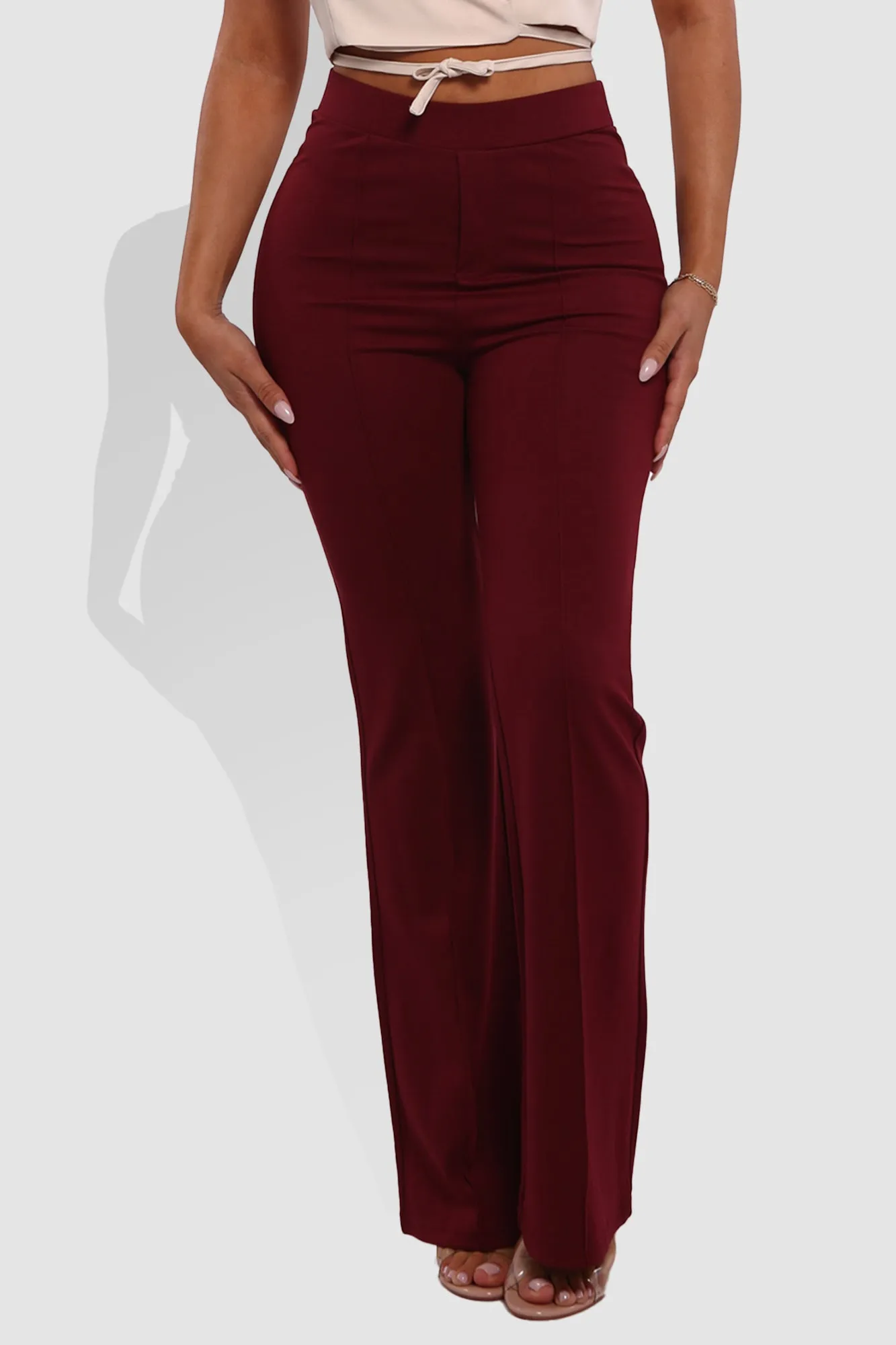 High Classic Waist Front Seam Flare Pants - Cabernet