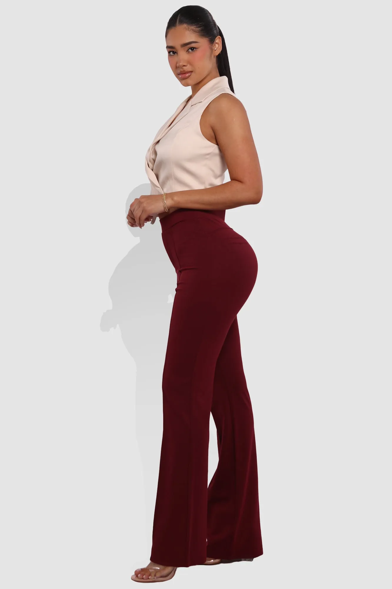 High Classic Waist Front Seam Flare Pants - Cabernet