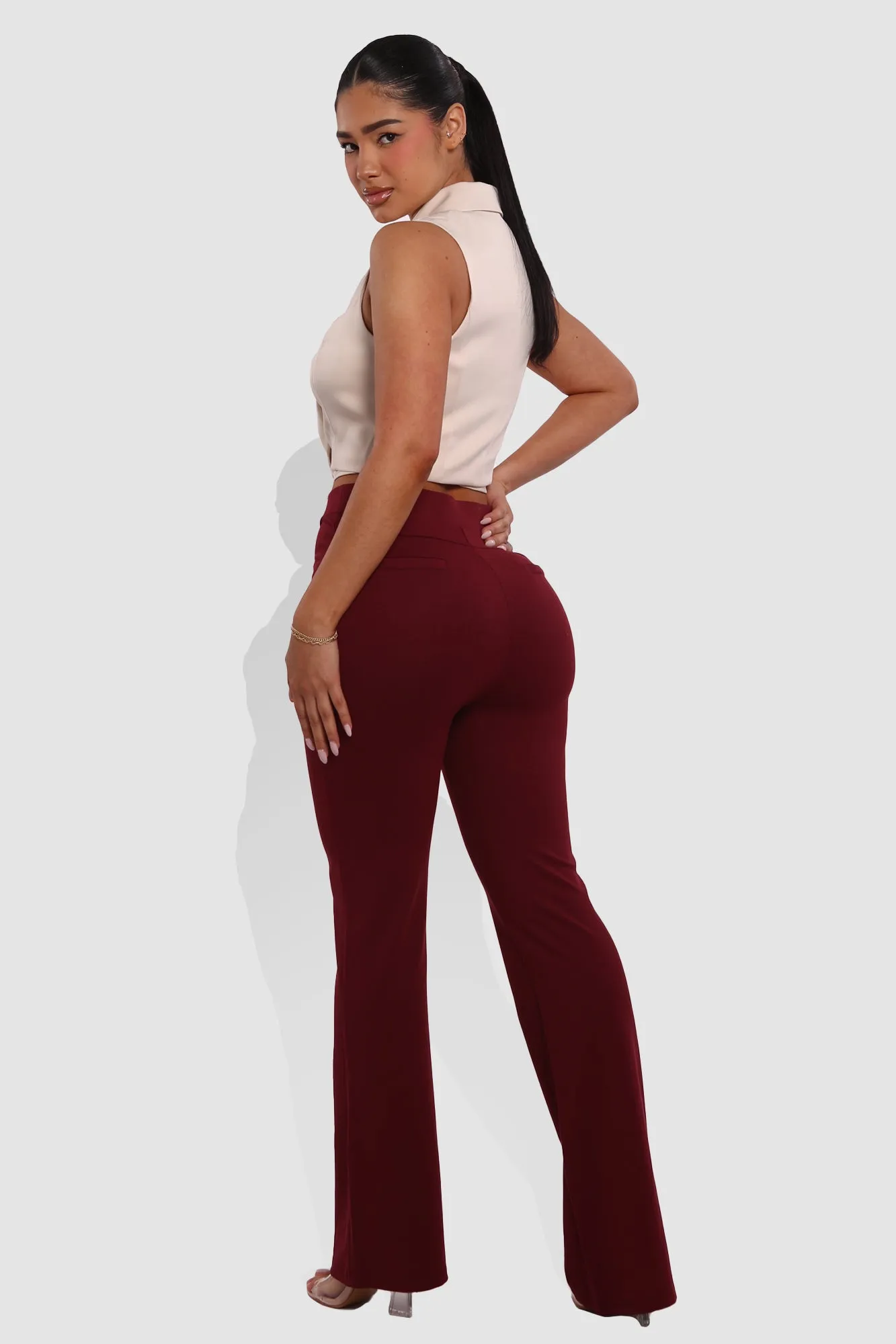 High Classic Waist Front Seam Flare Pants - Cabernet