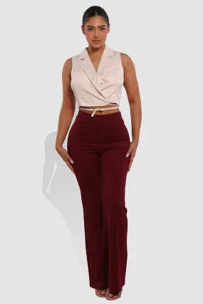 High Classic Waist Front Seam Flare Pants - Cabernet