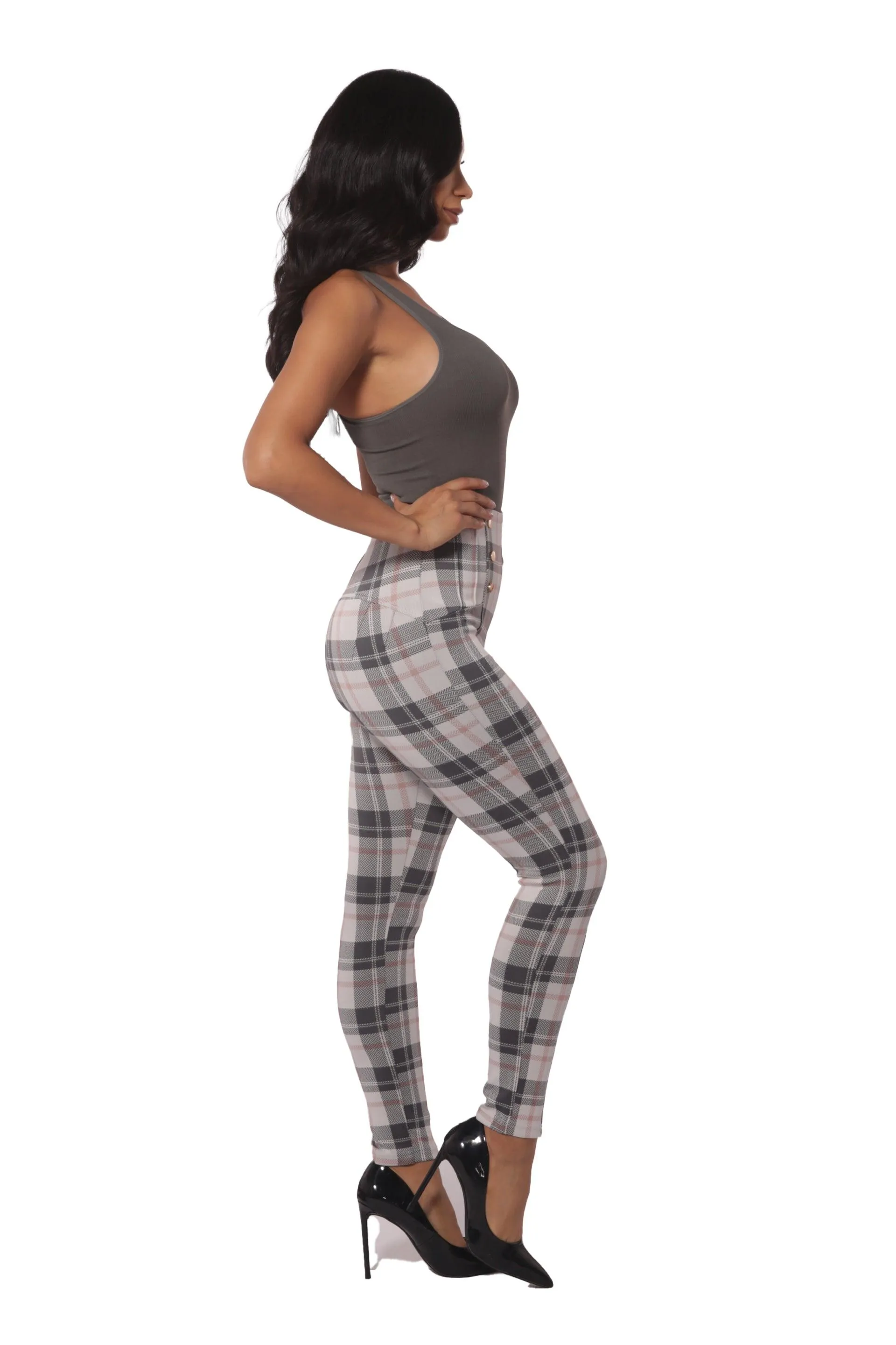 High Waist Sculpting Treggings With Metal Button Waist Detail - Sage, White Plaid