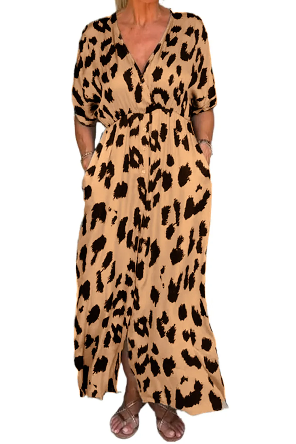 Khaki Leopard V Neck High Waist Buttoned Plus Maxi Dress