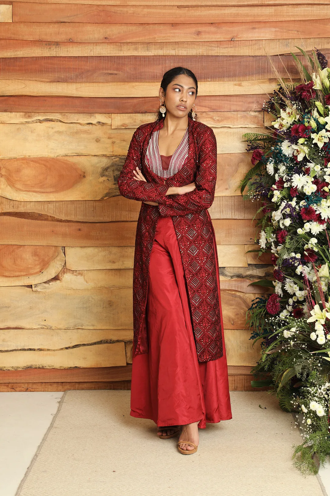 Krisha Burgundy Embroidered Velvet Long Jacket