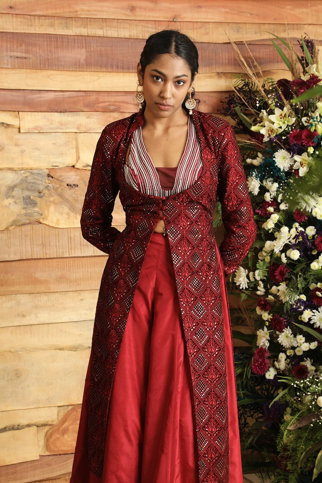 Krisha Burgundy Embroidered Velvet Long Jacket