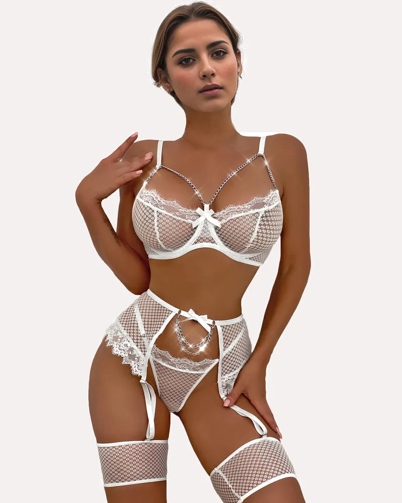 Lace 4 Piece Sets Chain Bra and Panty