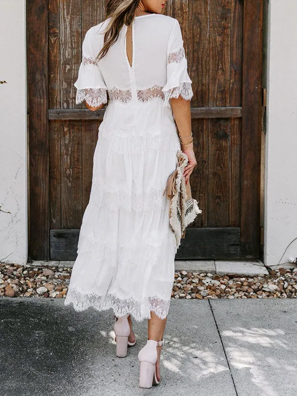 Lace Patchwork V Neck Maxi Dress