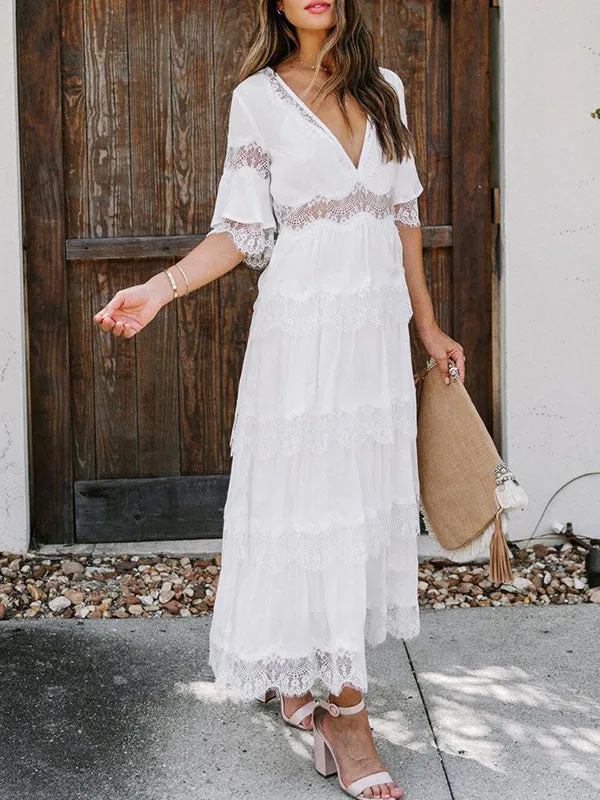 Lace Patchwork V Neck Maxi Dress