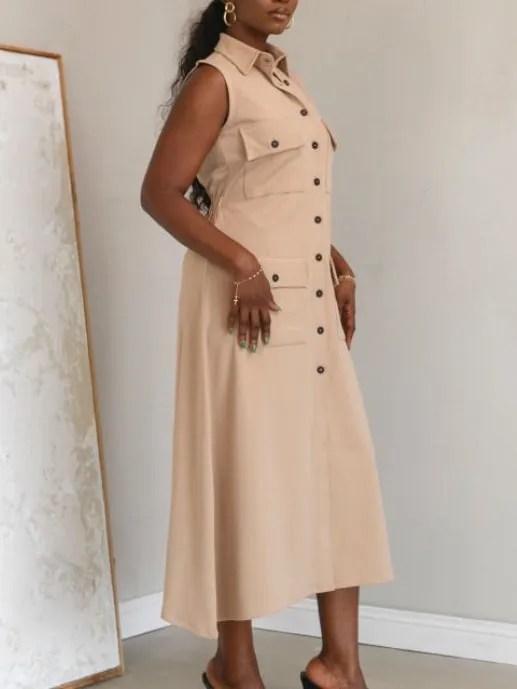 Lapel Sleeveless Maxi Shirt Dress