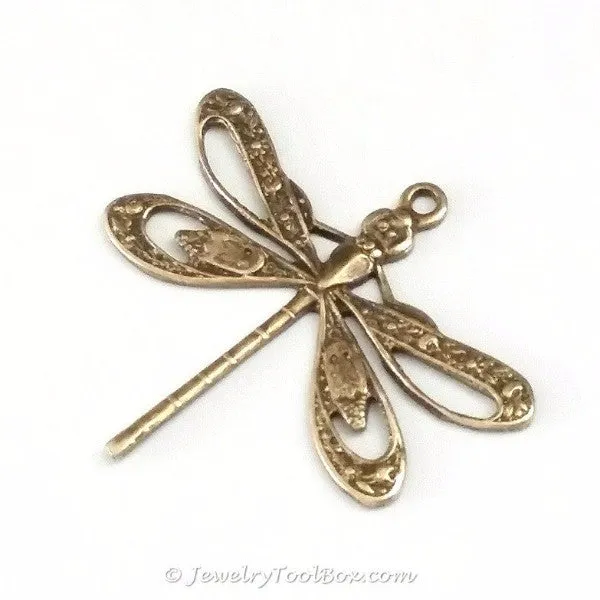 Large Antique Brass Filigree Dragonfly Charm, 1 Loop, Lot Size 10, #08B