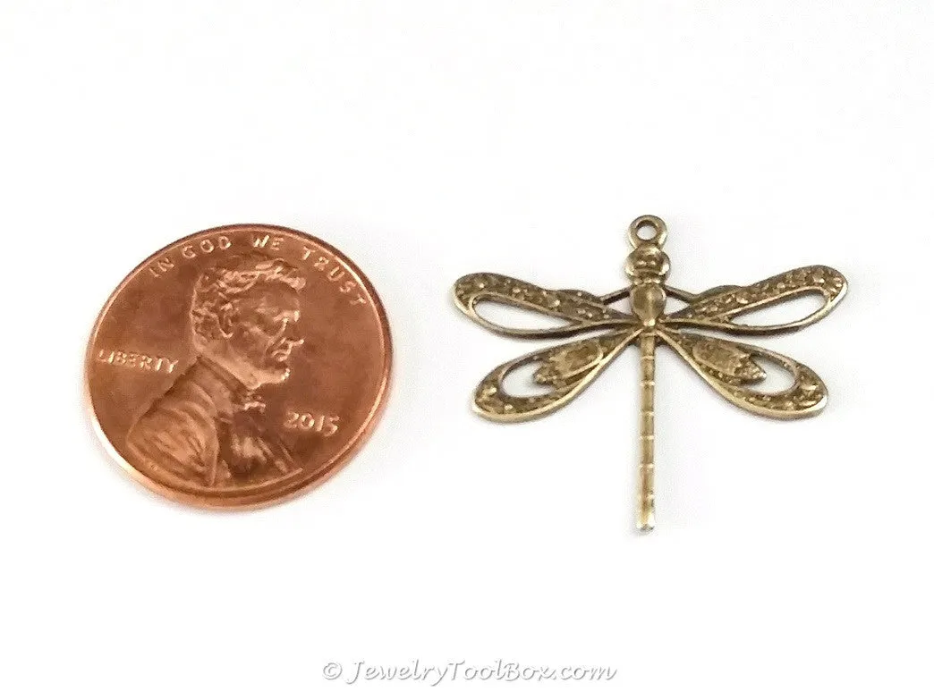 Large Antique Brass Filigree Dragonfly Charm, 1 Loop, Lot Size 10, #08B