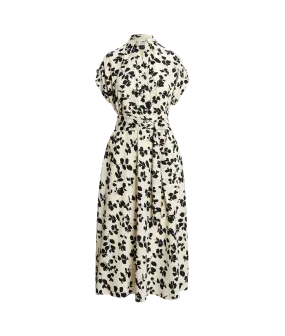 Leaf-print Belted Crepe Dress - Cream