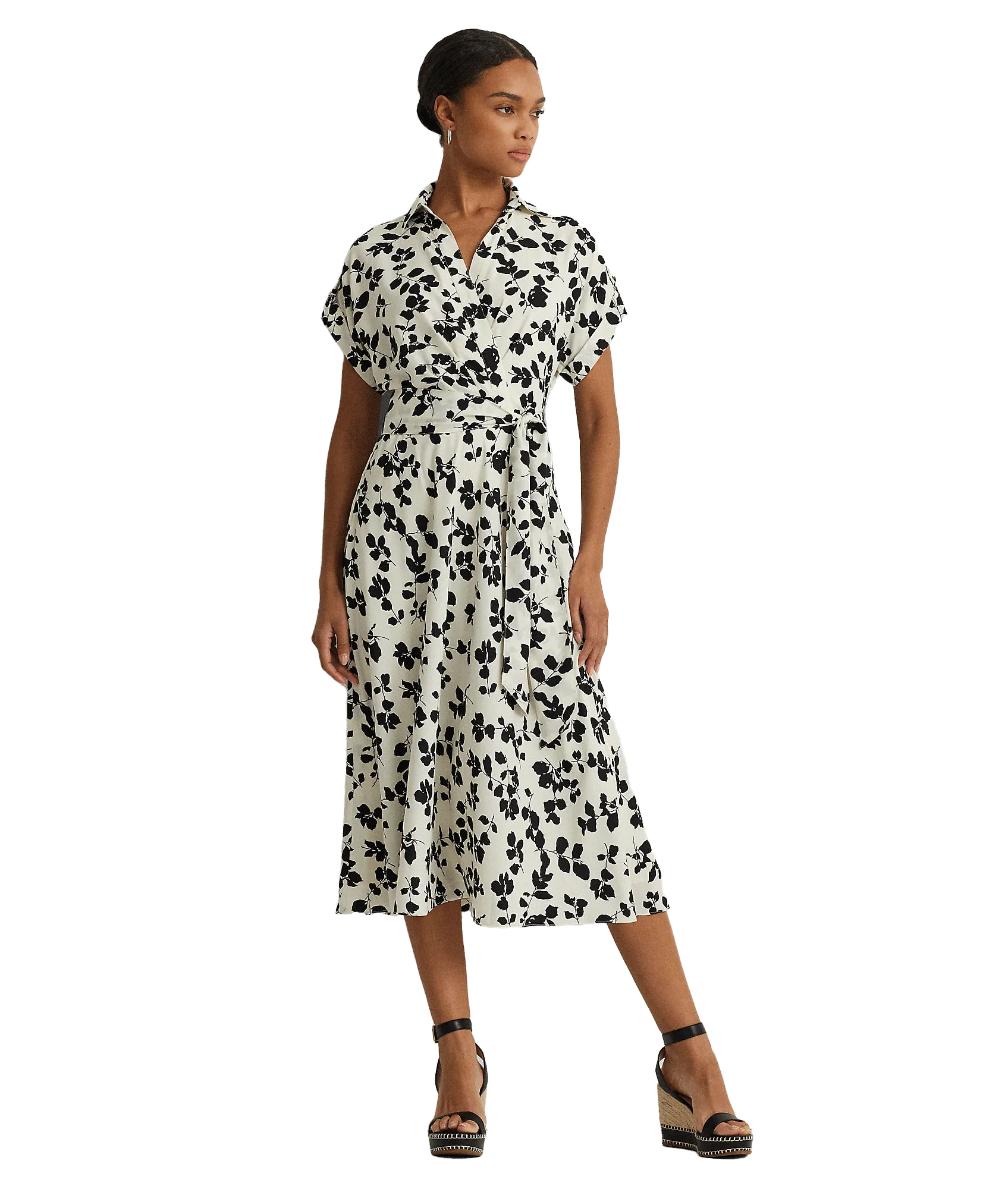 Leaf-print Belted Crepe Dress - Cream