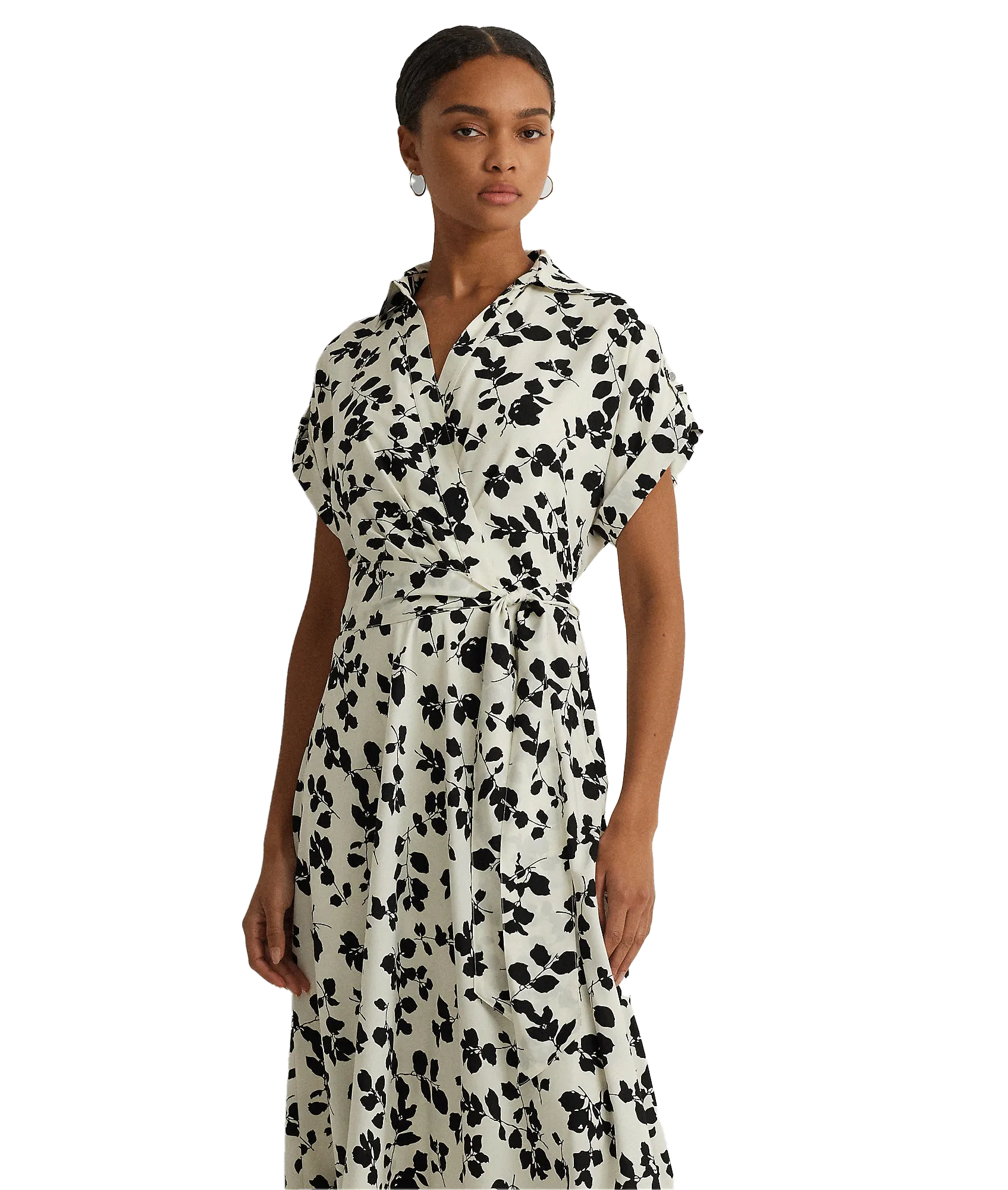 Leaf-print Belted Crepe Dress - Cream