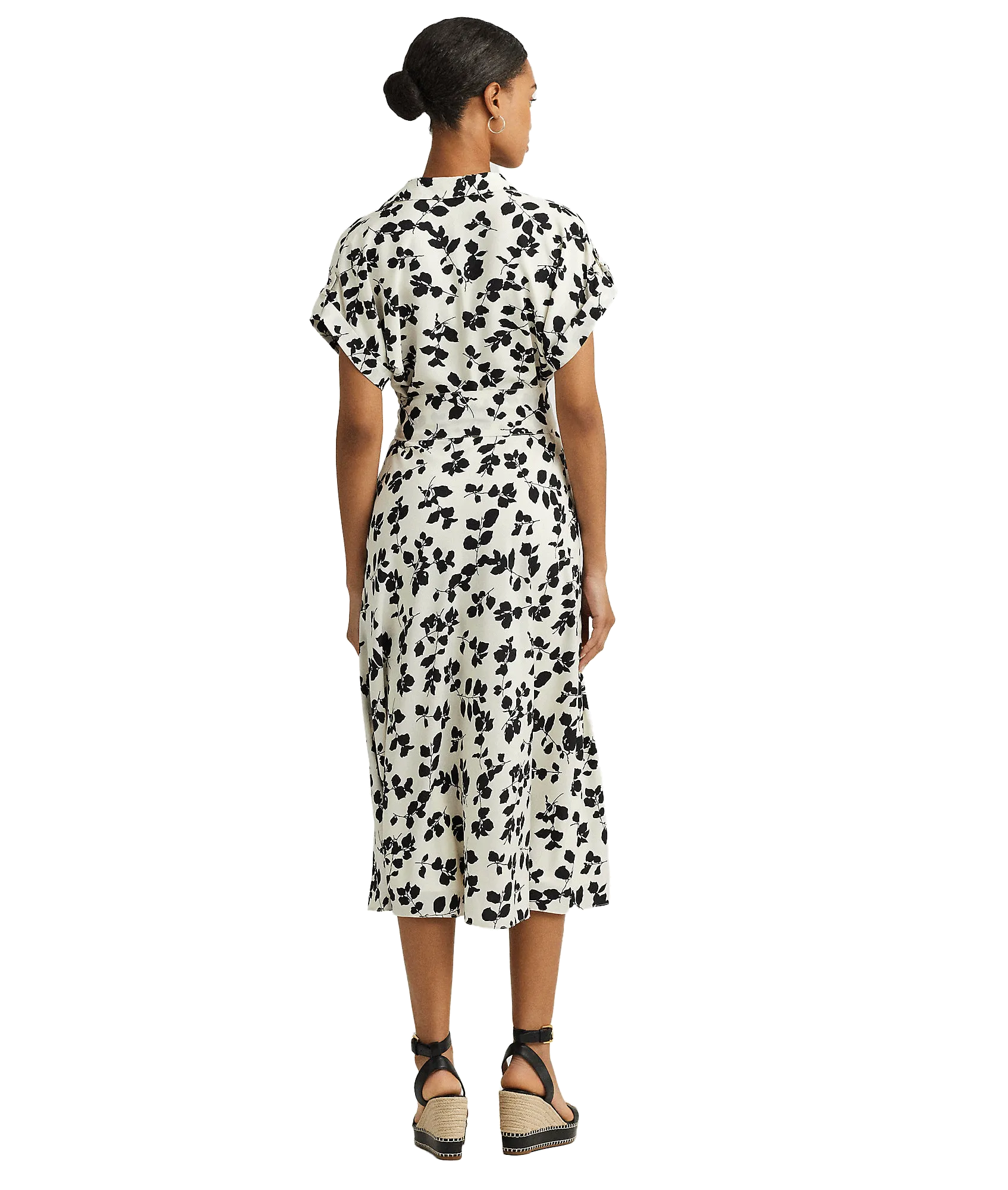 Leaf-print Belted Crepe Dress - Cream