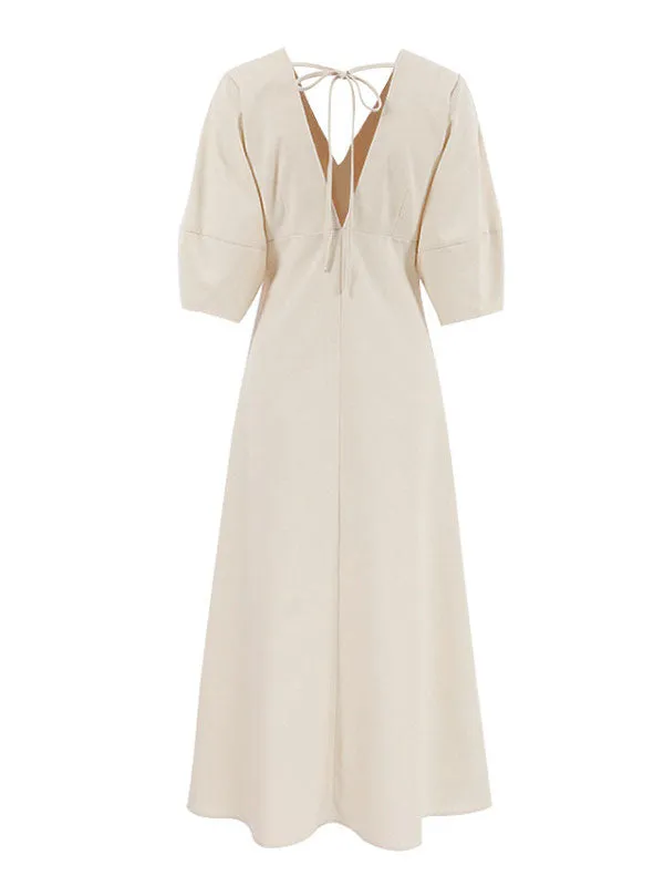 Linen Puff Sleeve V-Neck A-Line Maxi Dress