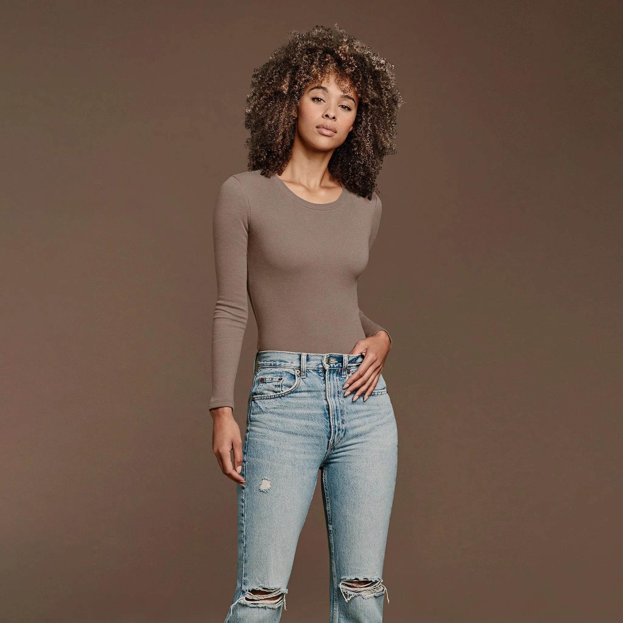 Long Sleeve Ribbed Crewneck Bodysuit | Mocha