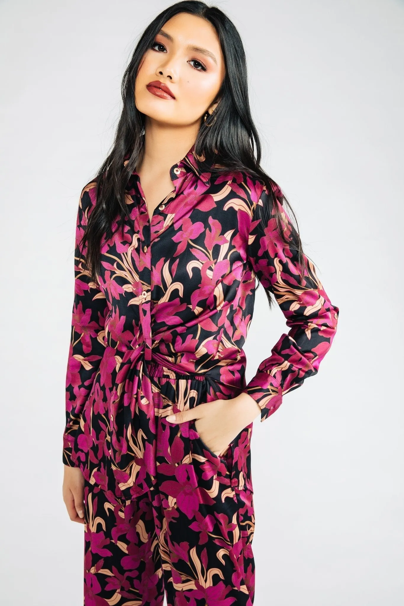 Magenta Floral Satin Bettina Blouse