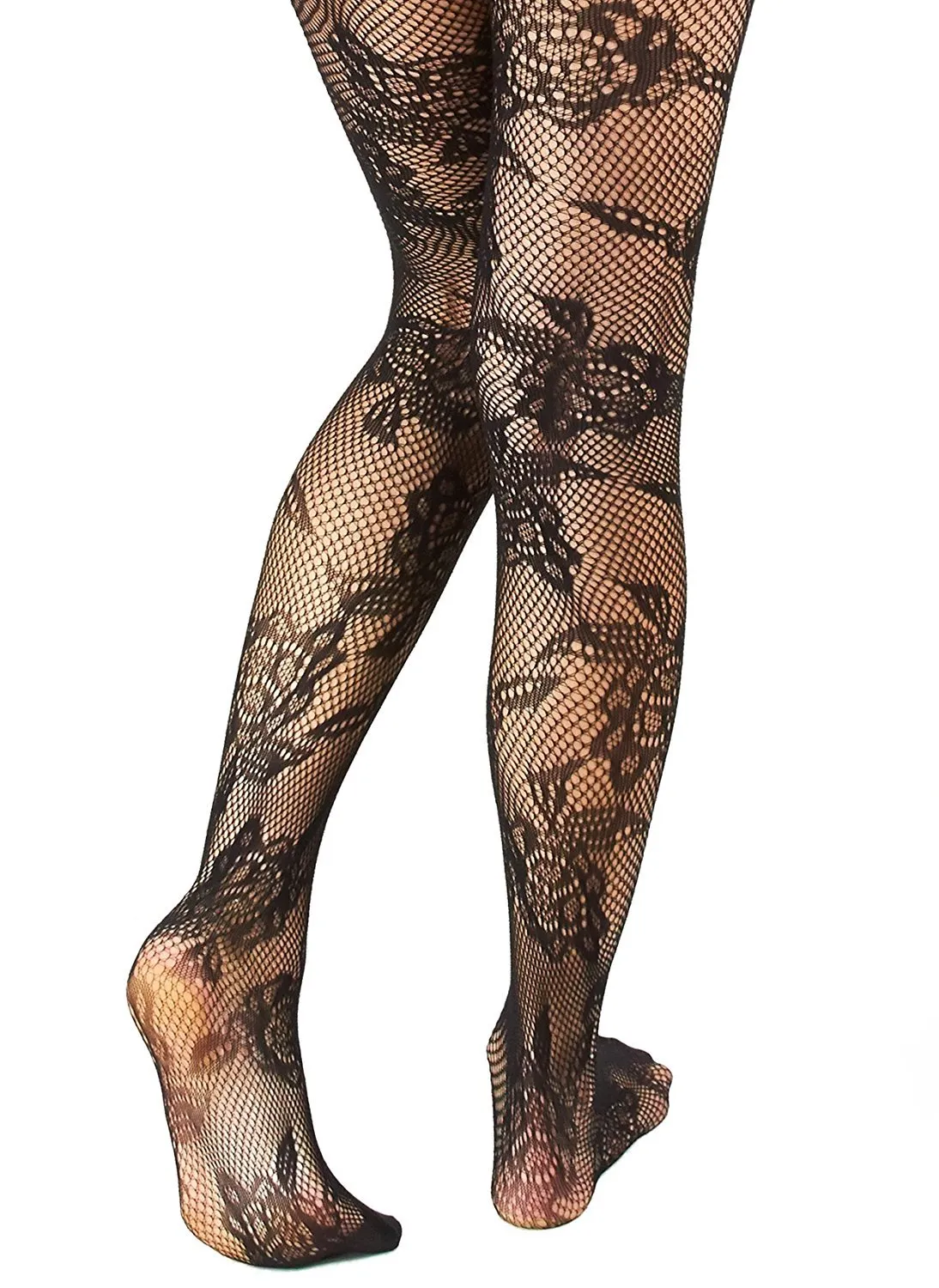 Marilyn Monroe Womens Ladies 2Pack Black Floral Fishnet Tights With Solid Opaque (See More Sizes)