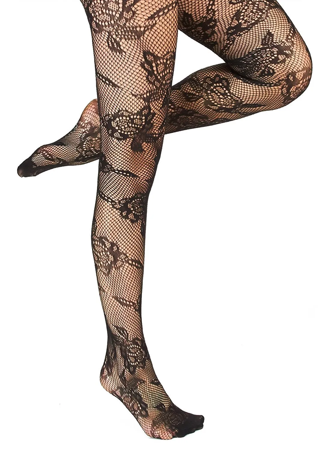 Marilyn Monroe Womens Ladies 2Pack Black Floral Fishnet Tights With Solid Opaque (See More Sizes)