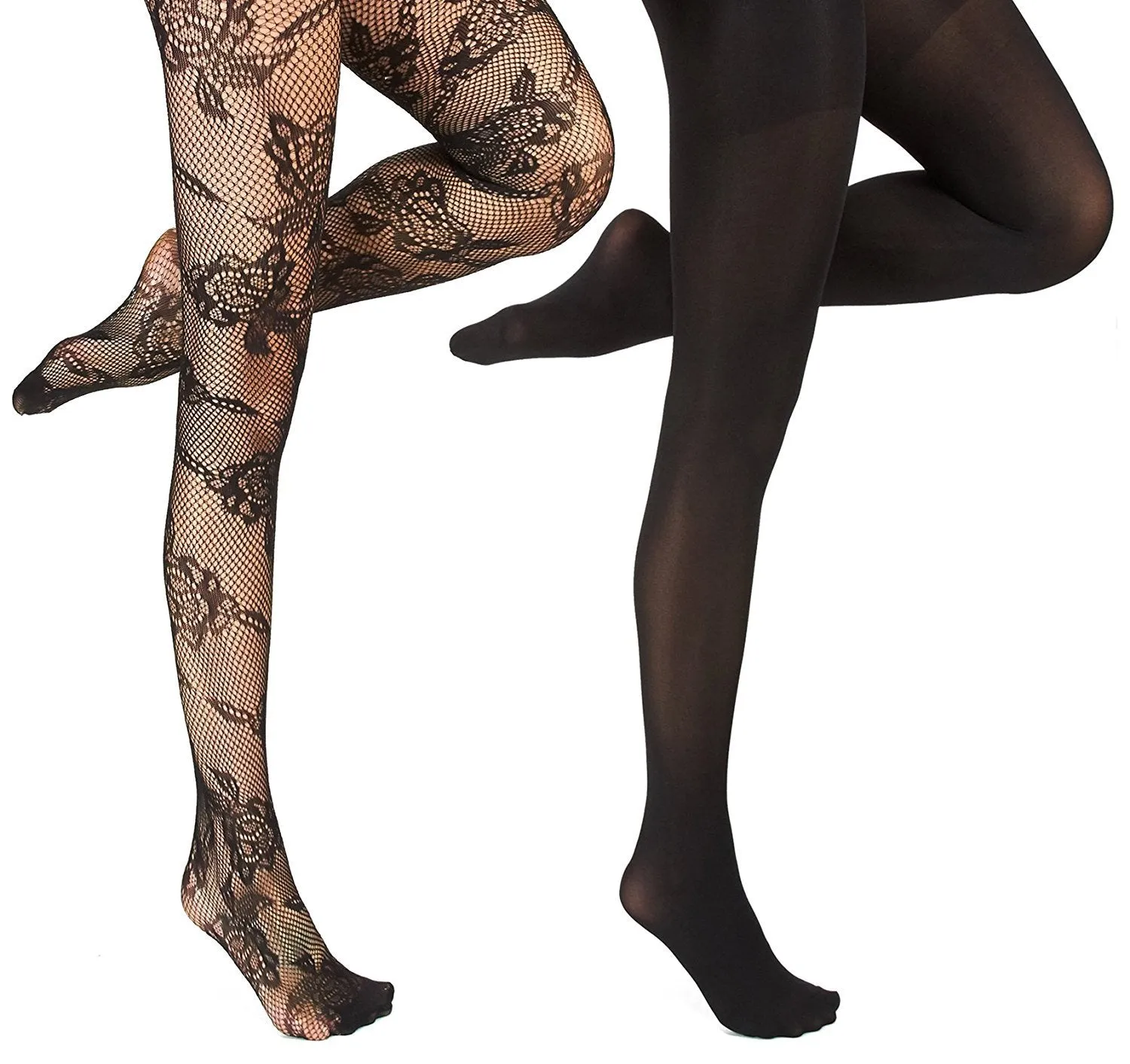 Marilyn Monroe Womens Ladies 2Pack Black Floral Fishnet Tights With Solid Opaque (See More Sizes)