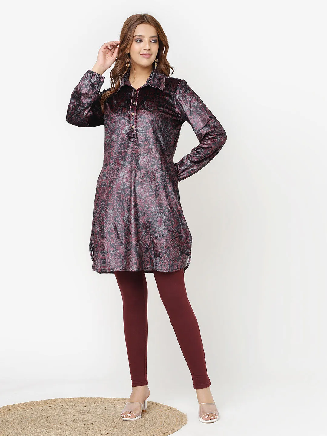 Maroon Printed Velvet Kurti for Women with Classic Collar and Button Detailing