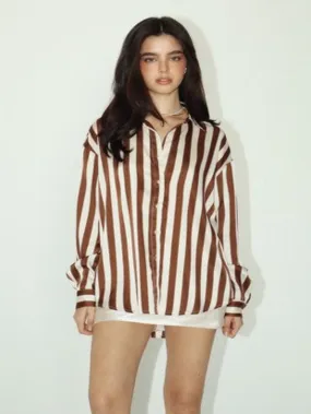 Mocha Stripe Satin Button Up Top - Brown