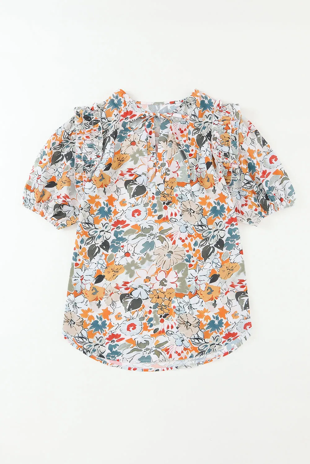 Multicolor Split V Neck Puff Sleeve Flower Print Blouse