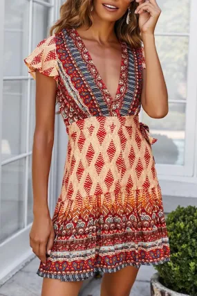 Multicolour Geometric Print Deep V Neck Ruffle Sleeve Short Dress