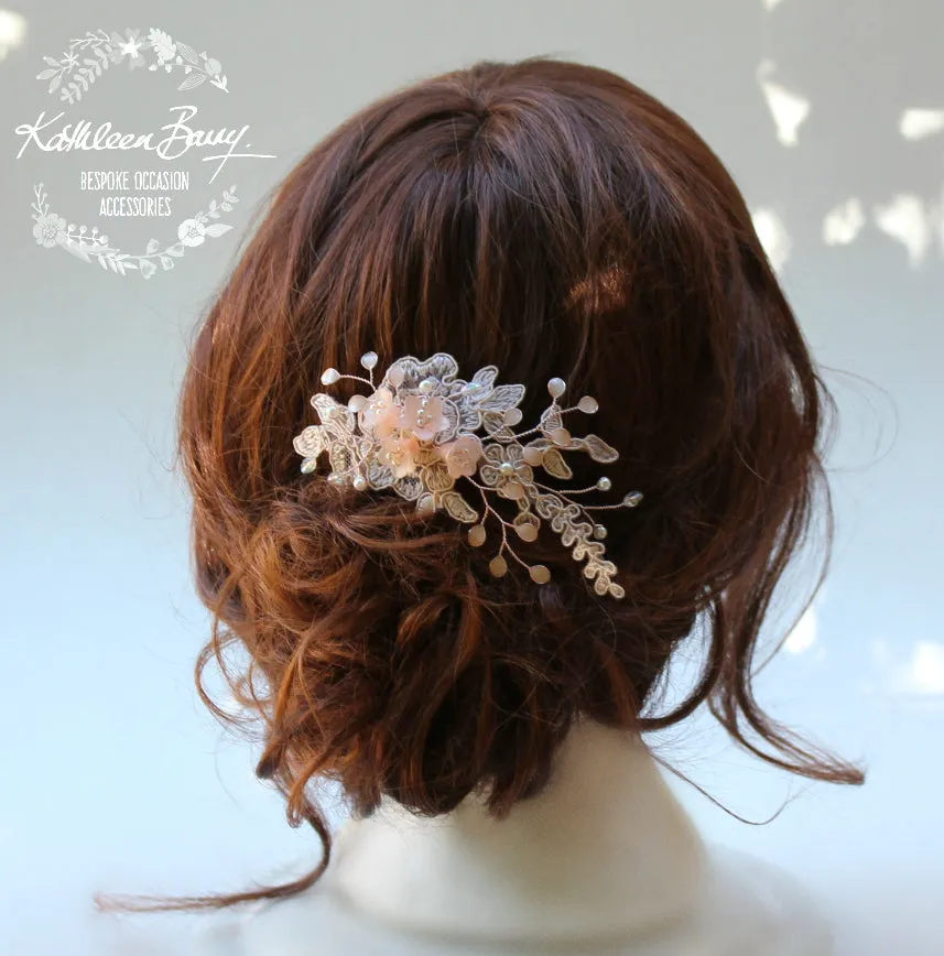 Ntombi Lace bridal hairpiece blush pink rose gold  - wedding hairpiece comb - veil comb