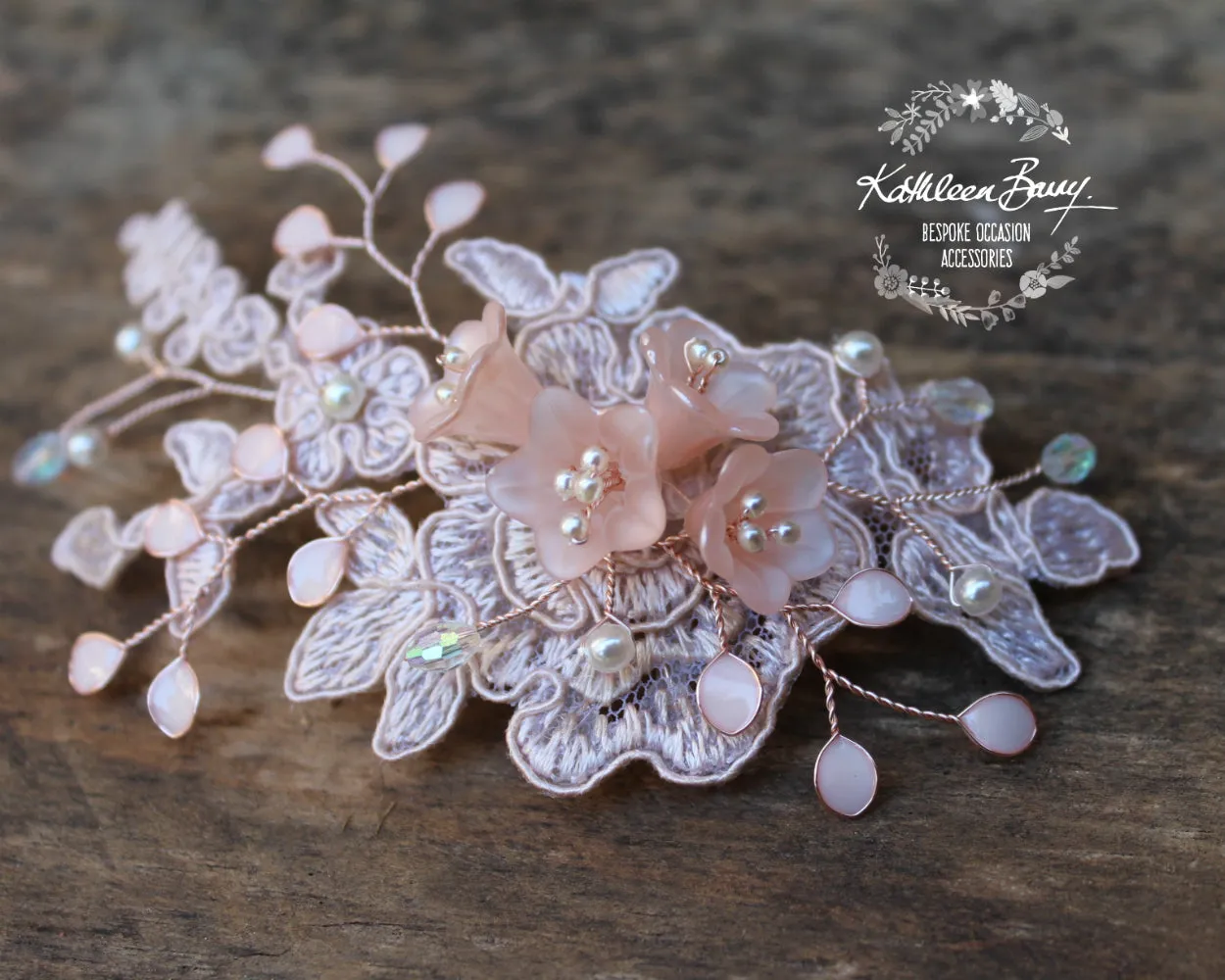 Ntombi Lace bridal hairpiece blush pink rose gold  - wedding hairpiece comb - veil comb