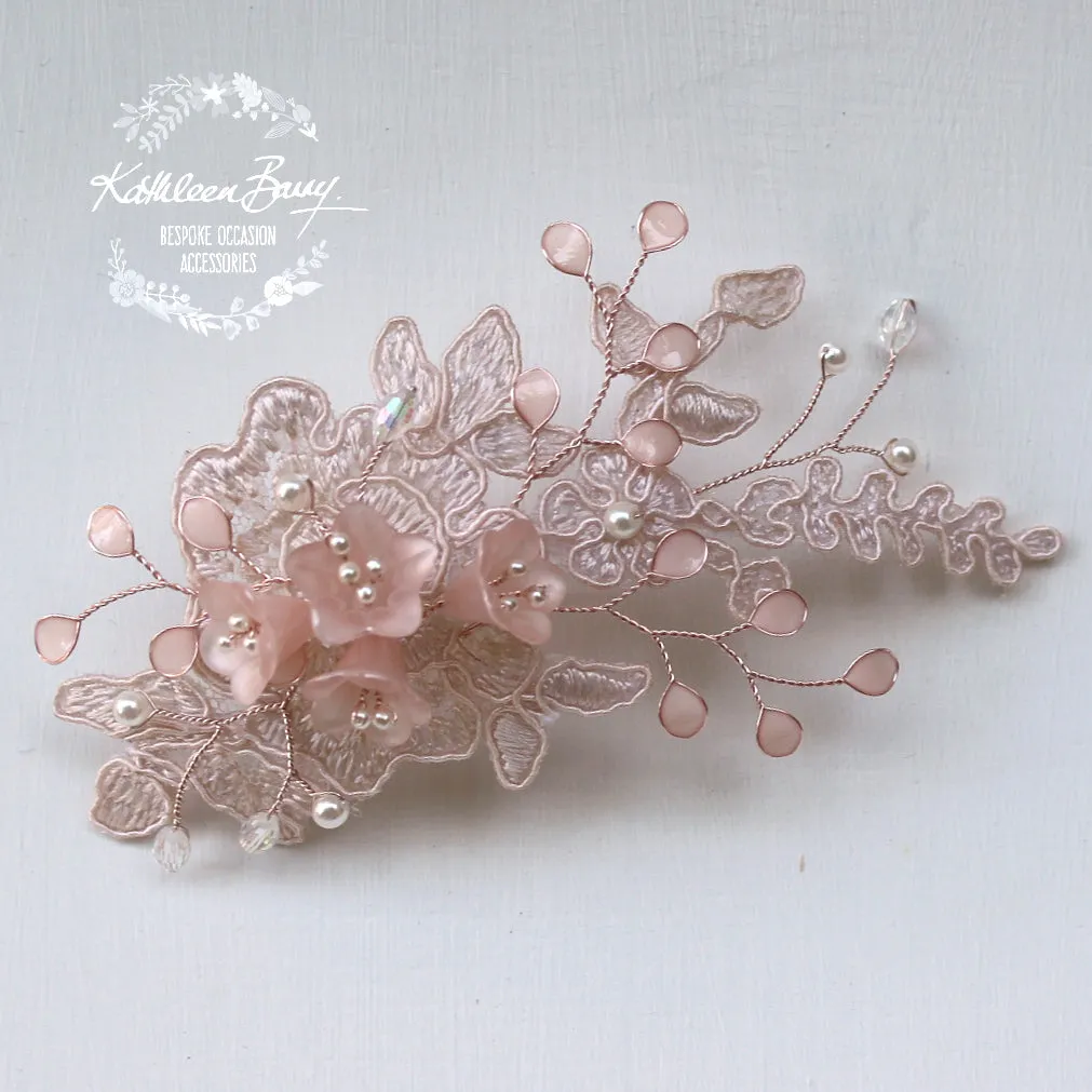 Ntombi Lace bridal hairpiece blush pink rose gold  - wedding hairpiece comb - veil comb