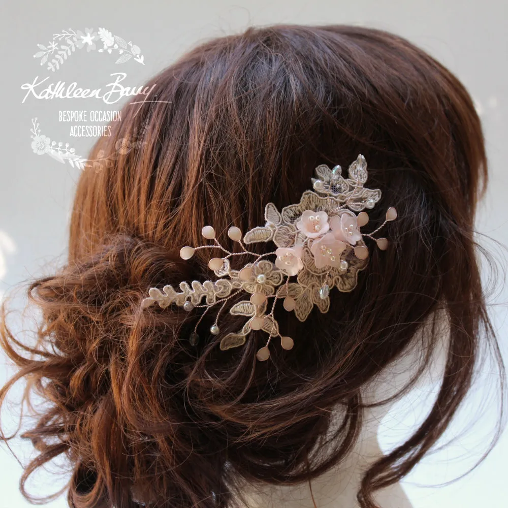 Ntombi Lace bridal hairpiece blush pink rose gold  - wedding hairpiece comb - veil comb