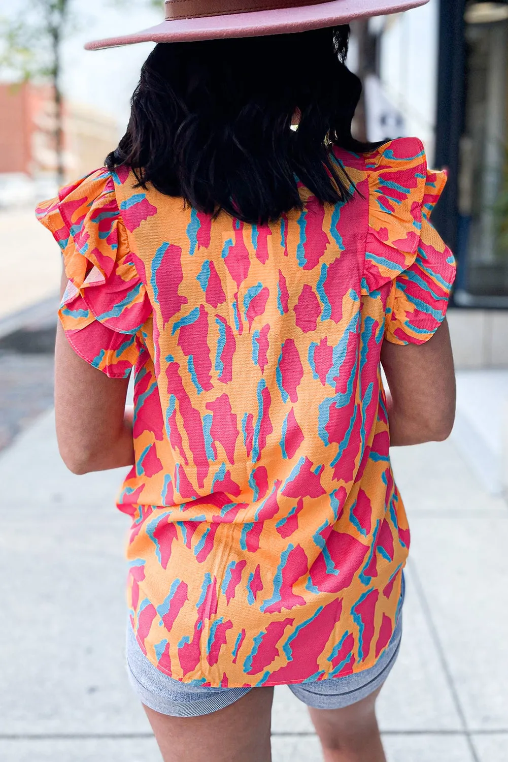 Orange Abstract Print V Neck Ruffled Sleeve Blouse