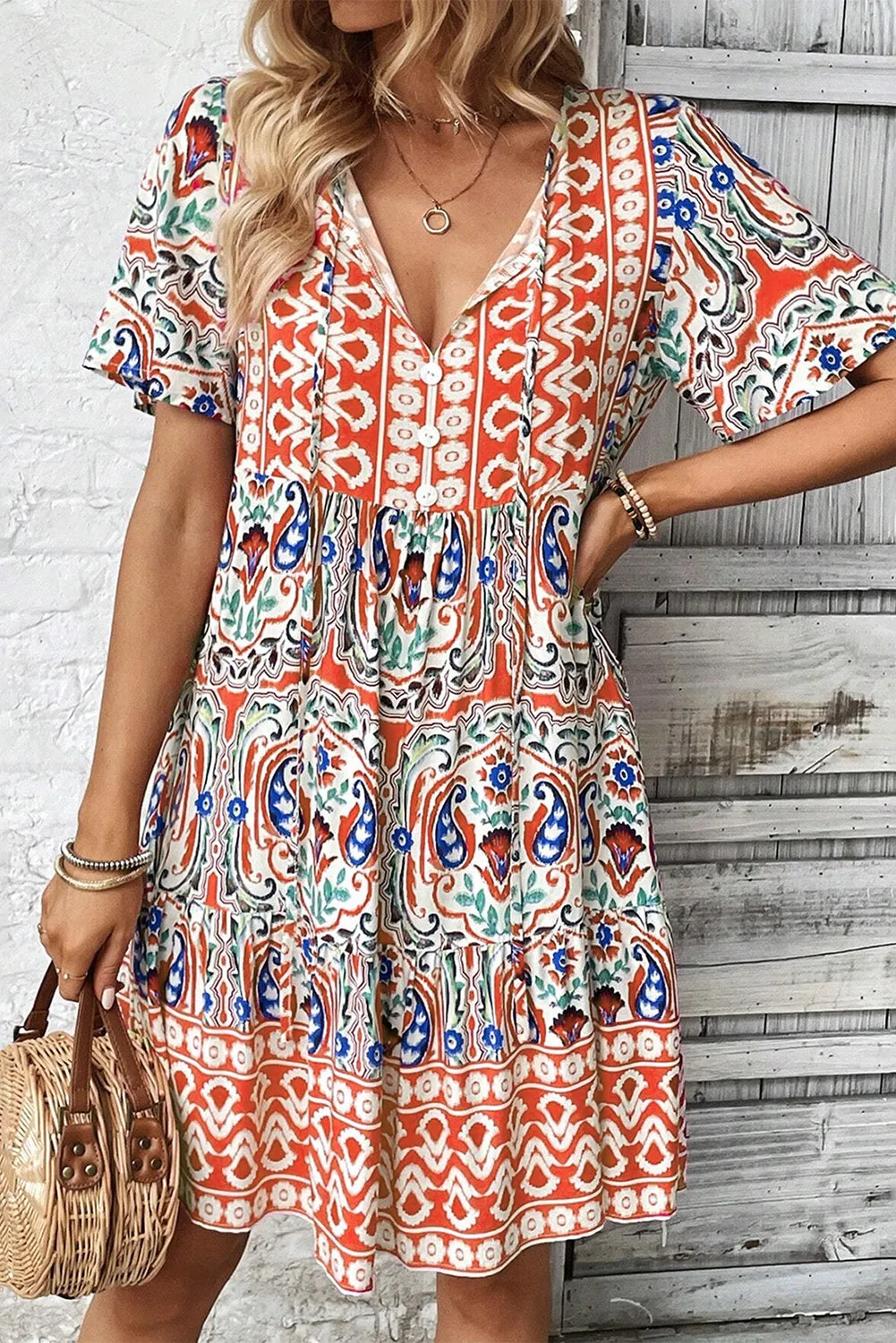 Orange Bohemian Tie Neck Flounce Sleeve Ruffle Hem Mini Dress