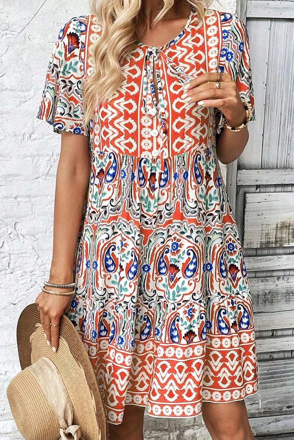 Orange Bohemian Tie Neck Flounce Sleeve Ruffle Hem Mini Dress