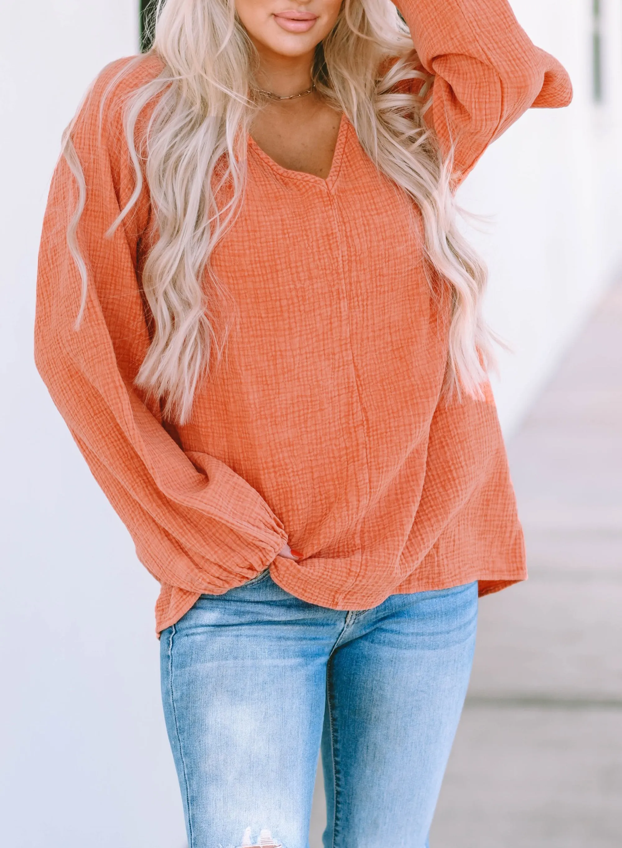 Orange Crinkle Textured Frill Split Neck Puff Sleeve Blouse