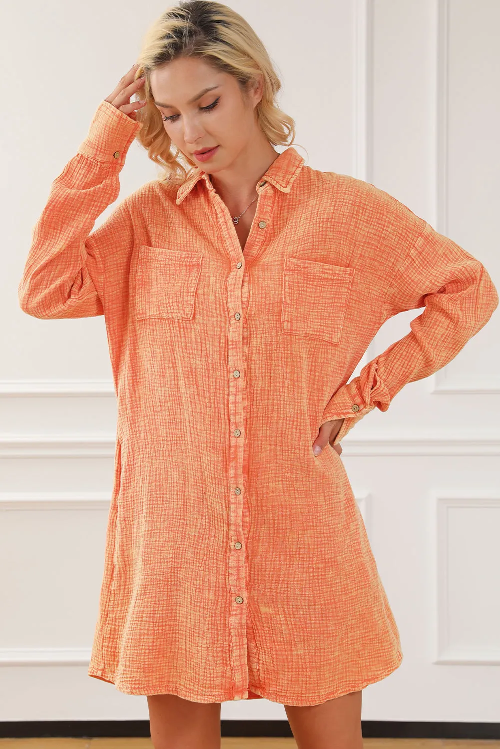 Orange Crinkled Dual Chest Pocket Oversized Shirt Dress