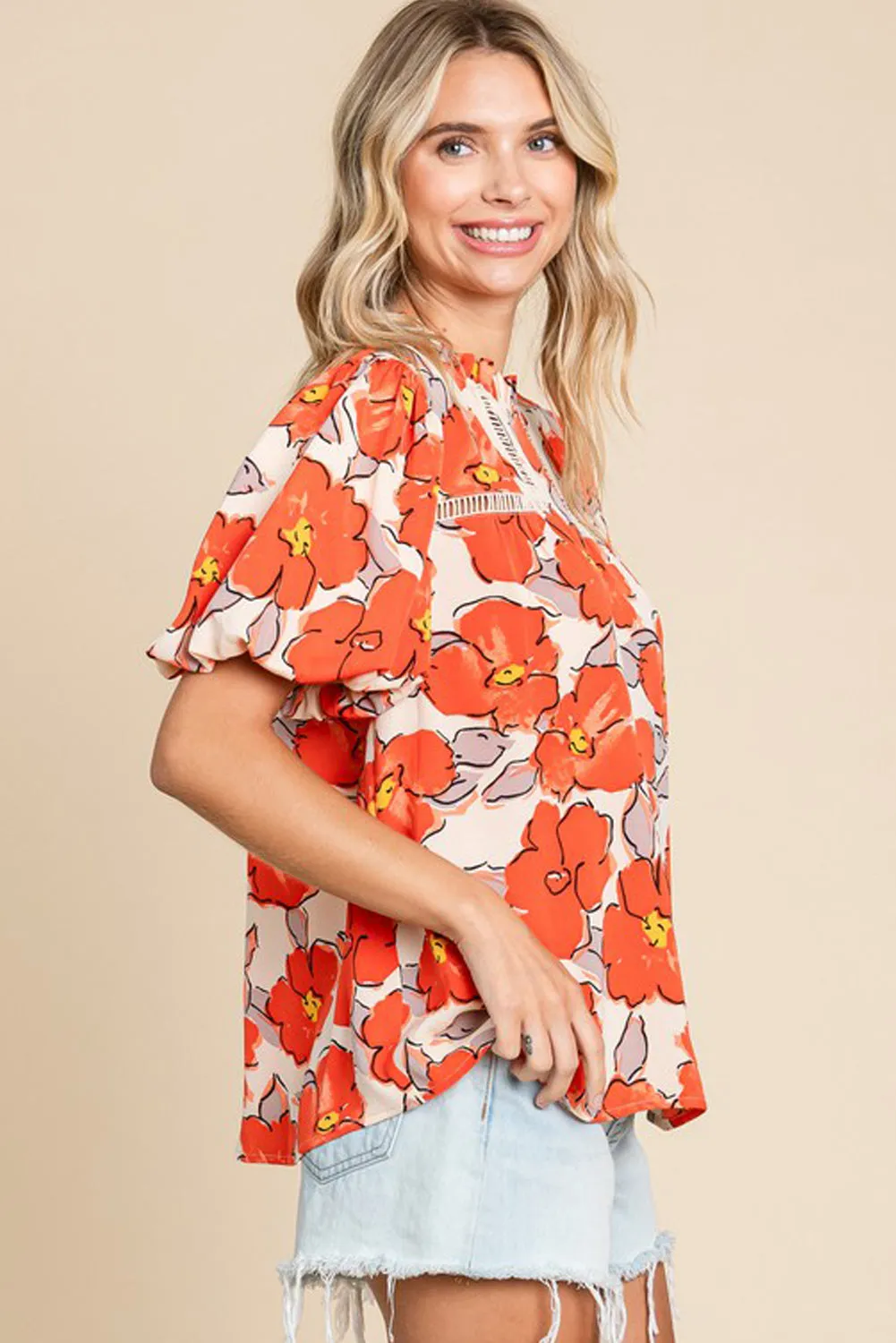 Orange Floral Bubble Sleeve Frill Neck Loose Blouse