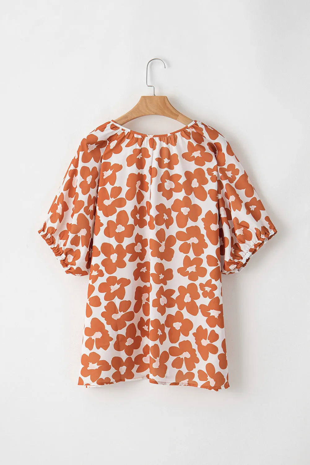 Orange Plus Size Floral Print Drawstring V Neck Short Sleeve Blouse