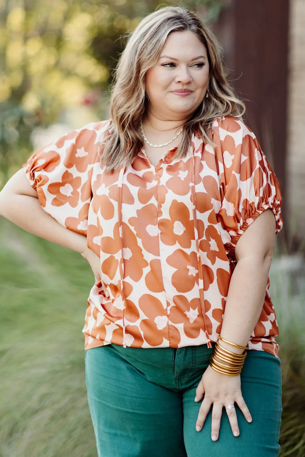 Orange Plus Size Floral Print Drawstring V Neck Short Sleeve Blouse