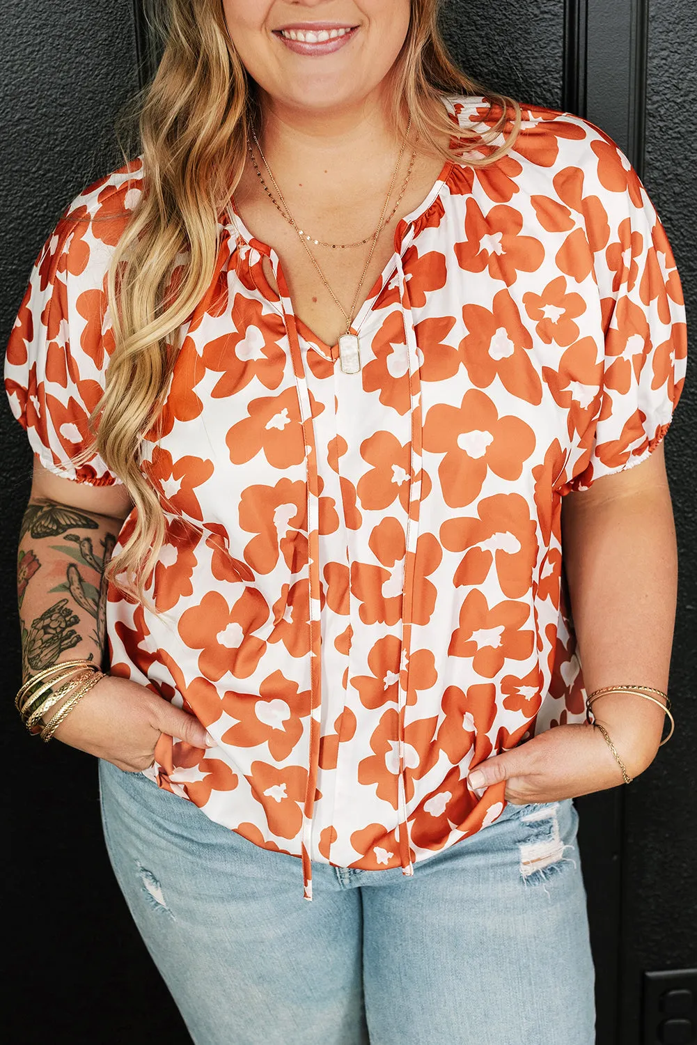 Orange Plus Size Floral Print Drawstring V Neck Short Sleeve Blouse