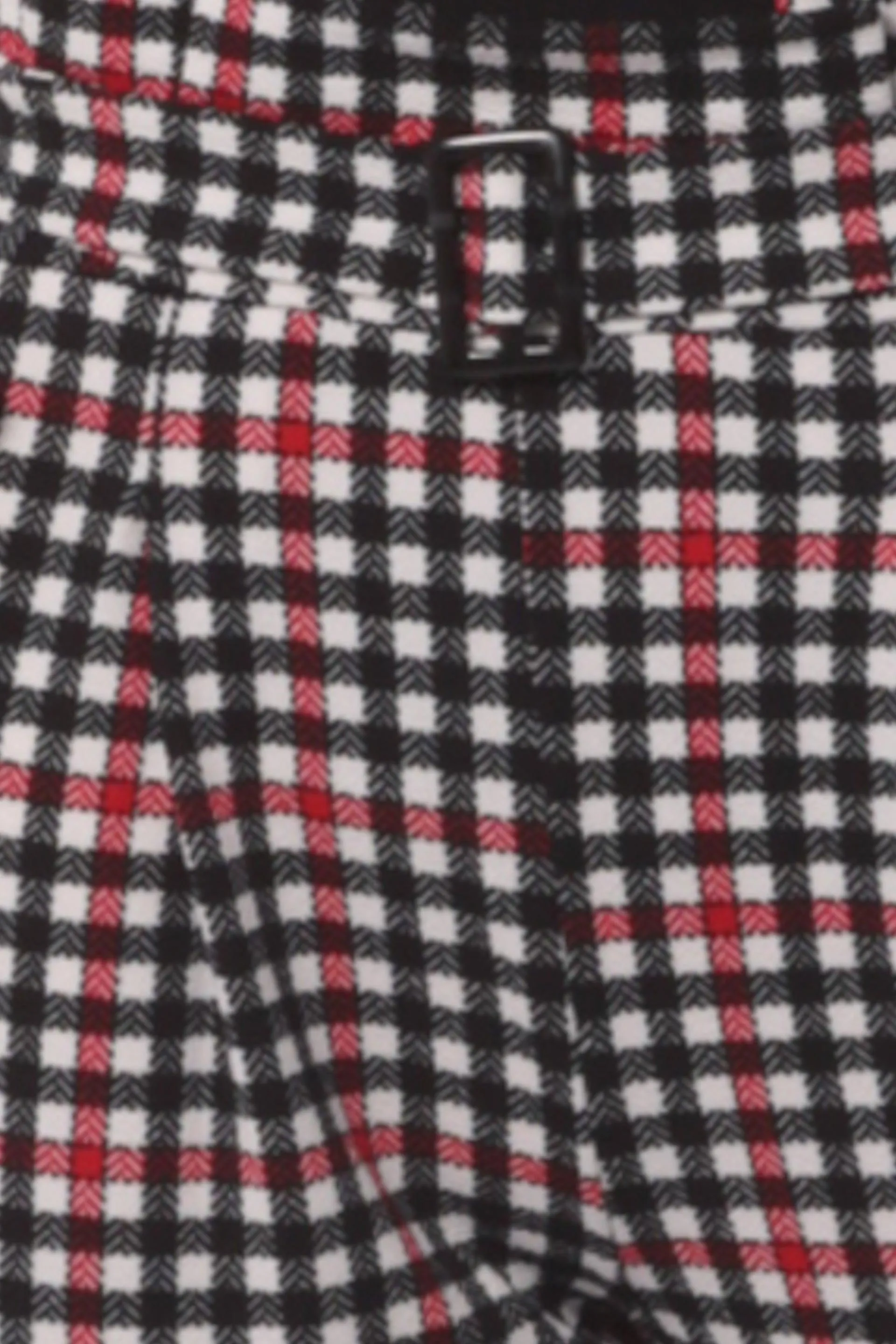 Paperbag Waist Knit Crepe Pleat Pants With Buckle Belt - Black, White, Red Plaid