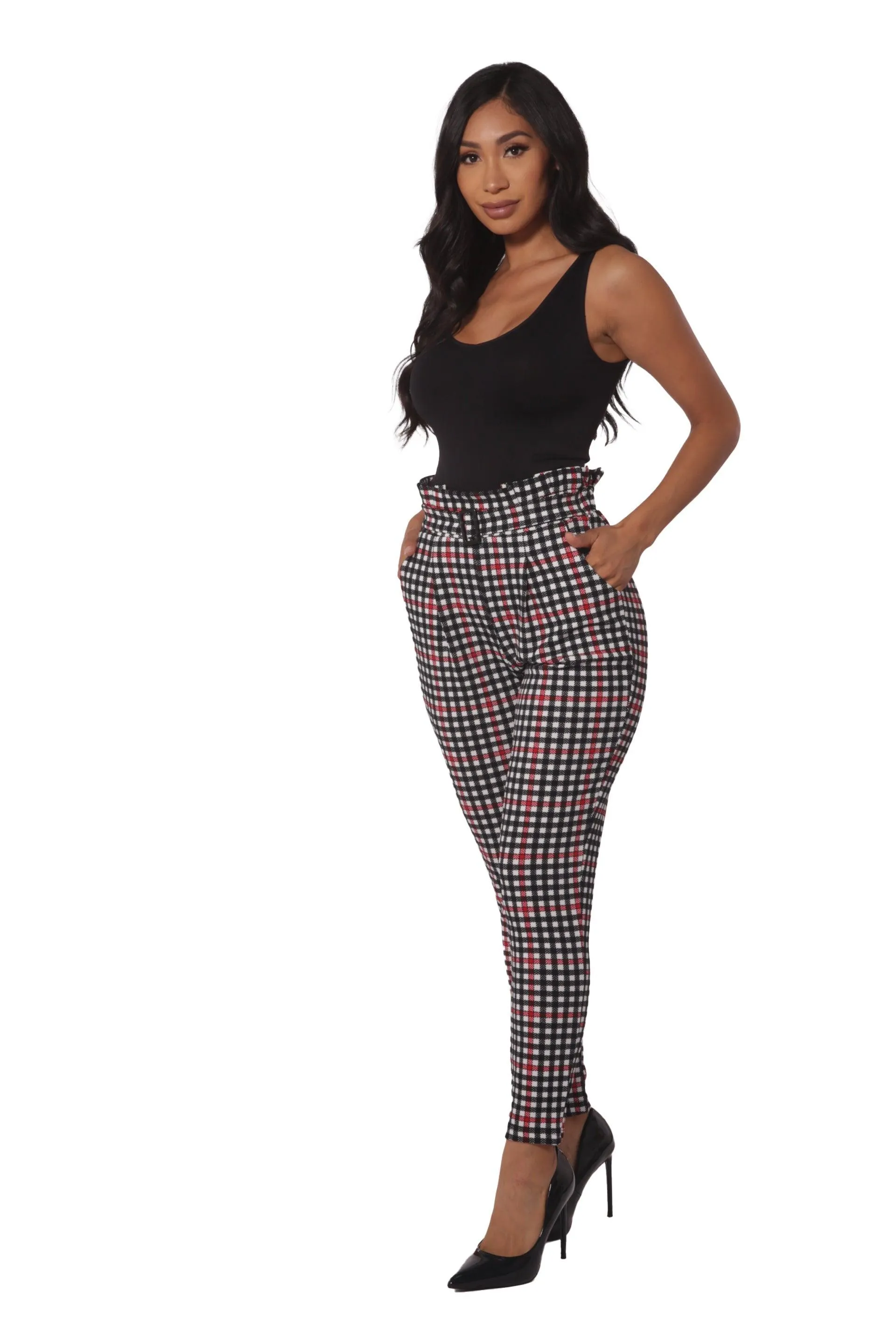 Paperbag Waist Knit Crepe Pleat Pants With Buckle Belt - Black, White, Red Plaid